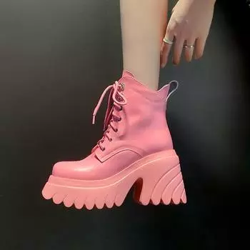 Krazing Pot Осенне-зимняя обувь из коровьей кожи с круглым носком на платформе, непромокаемые женские ботильоны на толстом высоком каблуке со шнуровкой 34 чёрный
