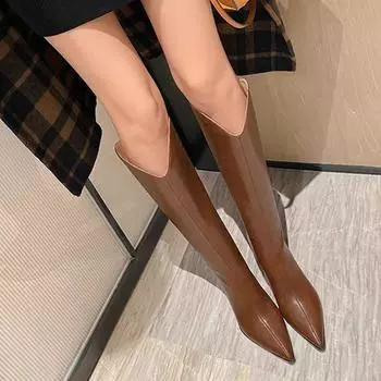 Krazing Pot Осенне-зимняя обувь из коровьей кожи. Уличная одежда. Современные ботинки на толстом высоком каблуке со шнуровкой. Женские сапоги до бедра с острым носком. 34 чёрный