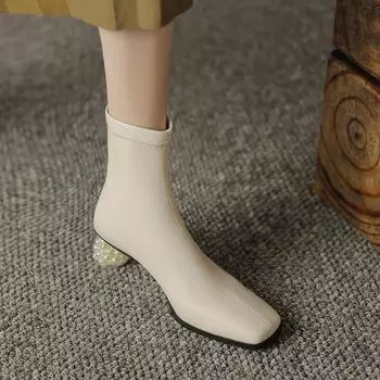 Krazing Pot, осенне-зимняя обувь из микрофибры, женские эластичные ботильоны на толстом высоком каблуке с квадратным носком и жемчужным каблуком на молнии 34 чёрный