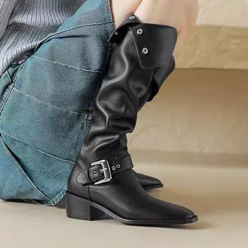 Krazing Pot Осенне-зимняя обувь из микрофибры на толстом среднем каблуке, сапоги для верховой езды с заклепками и квадратным носком, сохраняющие тепло, выше колена 34