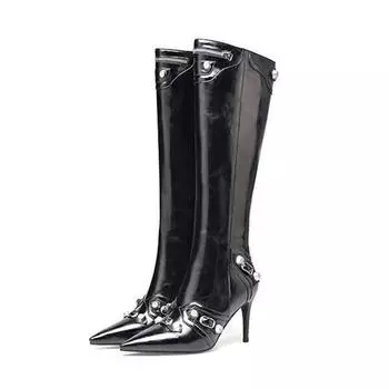 Krazing Pot, осенне-зимняя обувь из натуральной коровьей кожи, женские теплые высокие сапоги до бедра на тонком высоком каблуке, большой размер, 46 заклепок 34 чёрный