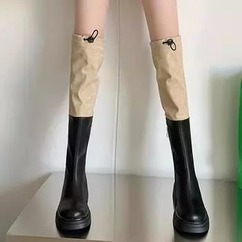 Krazing Pot, осенне-зимняя обувь из натуральной кожи, эластичные ботинки на толстом каблуке, женские теплые сапоги выше колена, разноцветные рабочие сапоги с нашивками