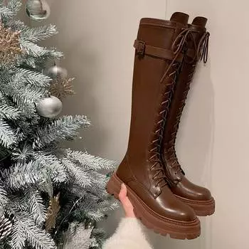 Krazing Pot, осенне-зимняя обувь из натуральной кожи, сапоги для верховой езды на толстом каблуке, женские теплые сапоги до бедра с пряжкой и ремешками