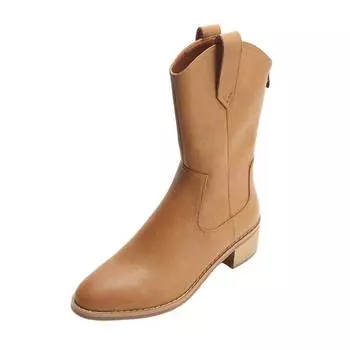 Krazing Pot, осенне-зимняя обувь из натуральной кожи, конные ботинки на толстом среднем каблуке, женские сапоги до середины икры 34 жёлтый