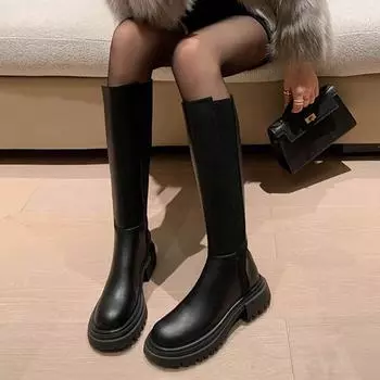Krazing Pot, осенне-зимняя обувь из натуральной кожи, ботинки для верховой езды на низком каблуке в консервативном стиле, женские теплые сапоги до бедра 34 чёрный