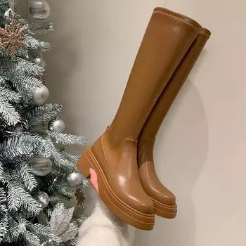 Krazing Pot, осенне-зимняя обувь из натуральной кожи, эластичные ботинки на толстом каблуке, женские теплые сапоги до бедра