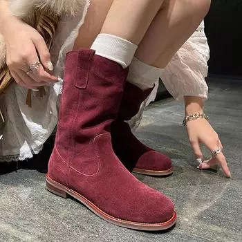 Krazing Pot Осенне-зимняя замшевая обувь из коровьей кожи с круглым носком на толстом низком каблуке без шнуровки Женские сапоги до середины икры 34 чёрный