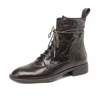 Krazing Pot Овчина Осенне-зимняя обувь Низкие каблуки Мотоциклетные ботинки Круглый носок Сохраняют тепло Ботильоны на шнуровке 34 чёрный