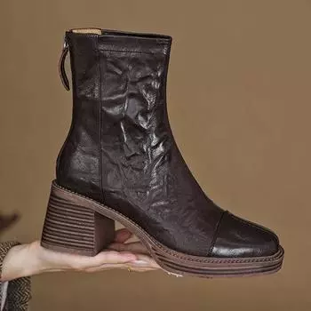 Krazing Pot Овчина Овчина Осень-Зима Туфли Толстые Высокие Каблуки Красивые Мотоциклетные Ботинки Круглый Носок Сохраняют Тепло Ботильоны На Молнии 34 чёрный