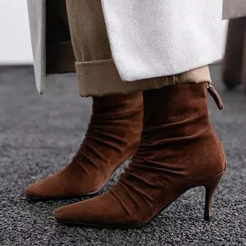 Krazing Pot Овчина Замша Осенне-зимняя обувь Модные ботинки SquareToe Сохраняют тепло Шпильки Тонкие высокие каблуки Ботильоны 34 чёрный