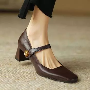 Krazing Pot Овечья кожа, квадратный носок, толстые высокие каблуки, весна-лето, туфли Мэри Джейн с металлическими цветами, винтажные женские туфли-лодочки 34 чёрный