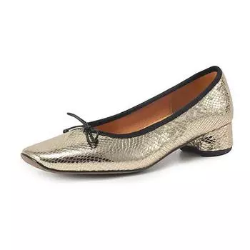 Krazing Pot Овечья кожа Лето Весна Осень Средний каблук Slip on Женские бабочка-узлом Европейский дизайн квадратный носок туфли-лодочки с неглубокой подошвой 35 золотой