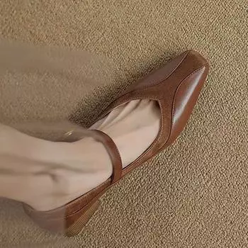 Krazing Pot Овечья кожа Лето Весна Осень Средний каблук Пряжка Ремешки Женские Лаконичный Стиль Квадратный носок Неглубокие туфли-лодочки 35 коричневый