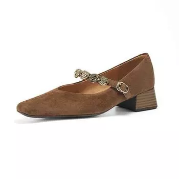 Krazing Pot Овечья замша Лето Весна Кристалл Осень Средний каблук Пряжка Ремешки Женские квадратный носок Неглубокие туфли-лодочки 35 чёрный