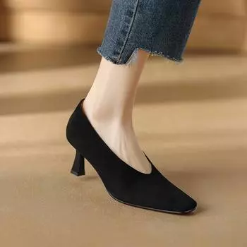 Krazing Pot, овечья замша, весенние туфли на толстом высоком каблуке с квадратным носком, винтажные женские туфли-лодочки 34 чёрный