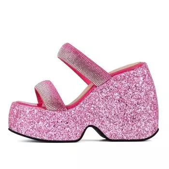 Krazing Pot Платформа без шнуровки с открытым носком Летняя обувь на очень высоком каблуке Повседневная обувь Мюли из ткани с пайетками Модные женские сандалии 34 зелёный