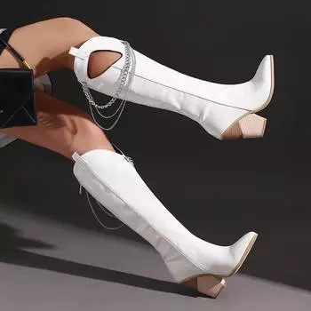 Krazing Pot Polyurethane Autumn Winter Shoes 47 Size 48 Super Size Wedges Pointed Toe Hollow Decoration Metal Chains Thigh High Boots 34 чёрный