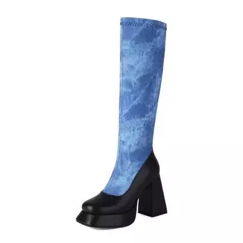 Krazing Pot PU Autumn Winter Shoes Super High Heels Riding Boots European Design Platform Keep Warm Mixed Color Thigh High Boots