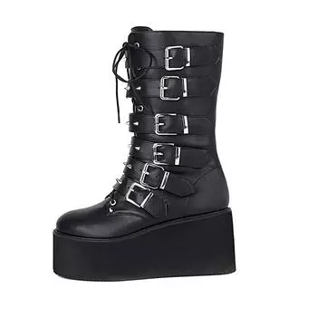 Krazing Pot PU Autumn Winter Shoes Super High Heels Flat Platform Punk Design European Design Platform Keep Warm Mid-calf Boots