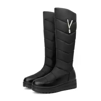 Krazing Pot PU Down Fiber Tarpaulin Осенне-зимняя обувь на среднем каблуке 44 размера, танкетка, зимние ботинки большого размера с круглым носком, сохраняющие тепло высокие сапоги 34 чёрный