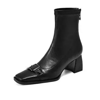 Krazing Pot PU квадратный носок зимние толстые каблуки современные короткие женские сапоги с металлическим украшением на молнии размер 42 эластичные ботильоны 34 чёрный