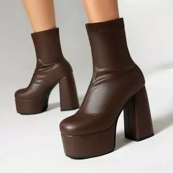 Krazing Pot ПУ обувь осень-зима толстые высокие каблуки супер размер водонепроницаемые ботинки круглый носок сохраняют тепло ботильоны без застежек размер 48 34 чёрный