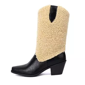 Krazing Pot ПУ Осенне-зимняя обувь Толстые каблуки Красивые ковбойские ботинки с острым носком Теплые сапоги до середины голени 35 чёрный