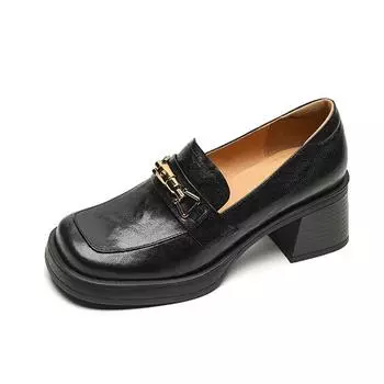 Krazing Pot Sheep Skin Round Toe Толстый каблук Осенние туфли Slip on Женские британские школьные гладиаторские водонепроницаемые туфли 34 чёрный