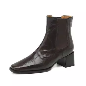 Krazing Pot Sheep Skin Square Toe Winter Med Heel Boots Chelsea Women Zipper Retro Fashion Bottom Boots 34 чёрный