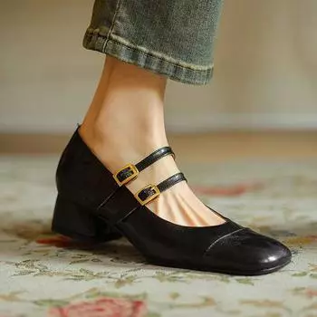 Krazing Pot Sheepskin Fashion Summer Spring Autumn Summer Buckle Strap Women Square Toe Med Heels Pumps 35 коричневый