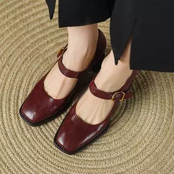 Krazing Pot Sheepskin Fashion Summer Spring Autumn Thick High Heels Metal Buckle Women European Design Square Toe Pumps 35 коричневый