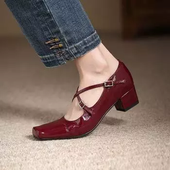 Krazing Pot Sheepskin Fashion Summer Spring Autumn Med Heels buckle straps Women European Design Square Toe Pumps 35 чёрный