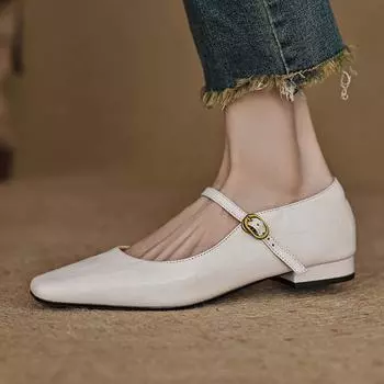 Krazing Pot Туфли-лодочки из овчины с квадратным носком и низким каблуком, осенне-летние, с металлической пряжкой, женские, модные туфли Мэри Джейн 34 бежевый