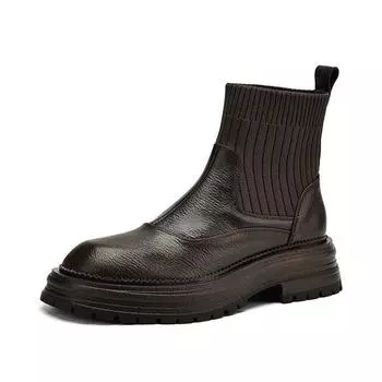 Krazing Pot Sheepskin Winter Round Toe Chunky Heels Fashion Motorcycle Boots Women Slip on Kniting Platform Ankle Boots 34 чёрный