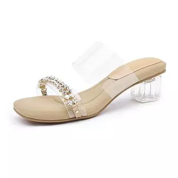 Krazing Pot Шлепанцы из ПВХ с открытым носком, летние прозрачные туфли на среднем каблуке с кристаллами, размер 44, размер 43, женские роскошные сандалии 34 слоновая кость