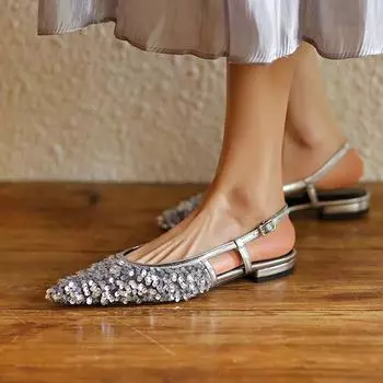 Krazing Pot, тканевые туфли с блестками и острым носком на низком каблуке, летние блестящие туфли с открытой пяткой, женские туфли-лодочки европейского дизайна на мелкой подошве 34 серебряный