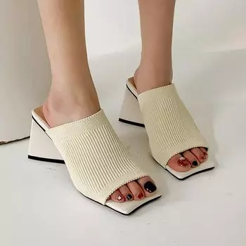 Krazing Pot Трикотаж с открытым носком Летняя обувь на толстом высоком каблуке Мюли Современные модные вечерние женские сандалии 34 чёрный