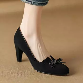 Туфли Krazing Pot Sheep Suede с круглым носком на высоком каблуке, весна-лето, с бантом-бабочкой, винтажные женские туфли-лодочки 34 чёрный