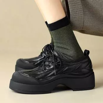 Krazing Pot Весенние туфли из овечьей кожи с круглым носком и толстой подошвой, лоферы, повседневная одежда на шнуровке, женские туфли-лодочки 34 чёрный