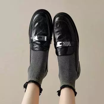 Krazing Pot Весенние туфли на низком каблуке из овечьей кожи с круглым носком, броги, женские туфли-лодочки для отдыха без шнуровки с металлическими застежками, большие размеры 34 чёрный