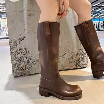 Krazing Pot, весенне-зимняя обувь из натуральной кожи, сапоги для верховой езды на толстом среднем каблуке, модные женские сапоги до бедра в стиле ретро 34 чёрный