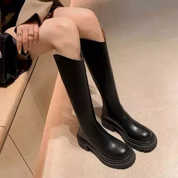 Krazing Pot, весенне-зимняя обувь из натуральной кожи, ботинки для верховой езды на толстом низком каблуке, женские сапоги до колена на платформе Stovepipe 34 чёрный