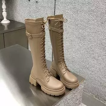 Krazing Pot, весенне-зимняя обувь из натуральной кожи, ботинки для верховой езды на толстом среднем каблуке с перекрестной завязкой, женские сапоги до колена на платформе