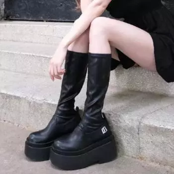 Krazing Pot, весенне-зимняя обувь из натуральной кожи, эластичные ботинки на плоской платформе, суперзвезда, модные женские сапоги до бедра в стиле ретро 34 чёрный