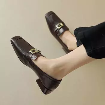 Krazing Pot, весенние туфли из овечьей кожи с квадратным носком на толстом низком каблуке, винтажные женские туфли-лодочки с металлической пряжкой