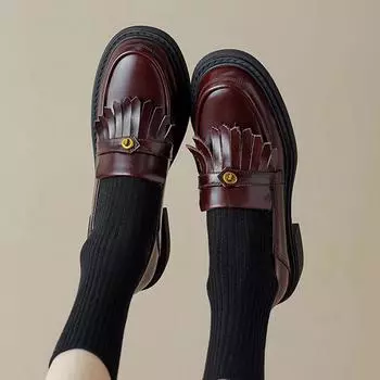 Krazing Pot, весенняя обувь из коровьей кожи с круглым носком на низком каблуке, лоферы без шнуровки, женские туфли-лодочки с кисточками большого размера для отдыха 34 чёрный