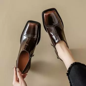 Krazing Pot, винтажные весенние туфли из коровьей кожи с квадратным носком на массивном каблуке, женские туфли-лодочки с глубоким вырезом на молнии