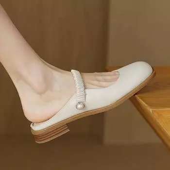 Krazing Pot Женские туфли-лодочки из натуральной кожи на низком толстом каблуке, размер 40, круглый носок, украшенные жемчугом, летние туфли-лодочки 35 слоновая кость