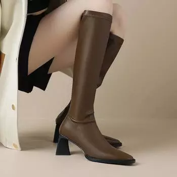 Krazing Pot, зимние эластичные ботинки из микрофибры из флока с квадратным носком на толстом высоком каблуке и молнии, женские высокие сапоги до бедра