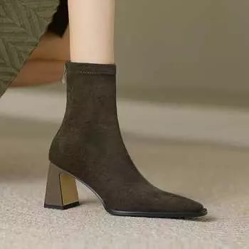 Krazing Pot, зимние ботинки из флока из микрофибры с квадратным носком, эластичные ботинки без шнуровки на высоком толстом каблуке, женские ботильоны 34 чёрный